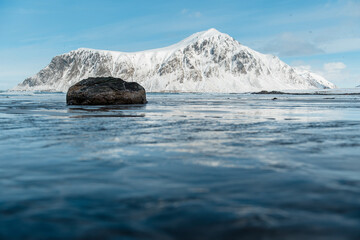 Snowy Mountain Reflected in Calm Water