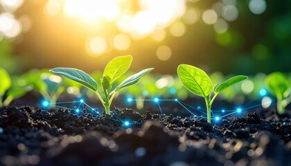 Young sprout illuminated by morning sun representing growth technology future of agriculture and sustainable farming innovation with digital connectivity concept