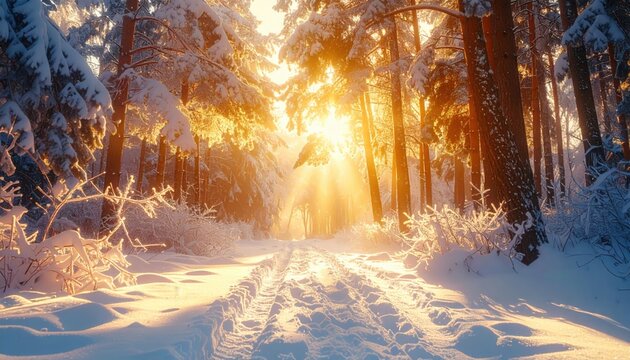 Golden sunlight streams through snow covered pine forest path evoking themes of renewal, peace and timeless winter journey in Scandinavia or Russia during dawn