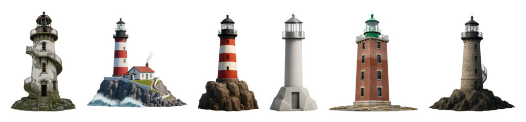 Obraz premium Lighthouse set including brick, stone, modern, and weathered styles isolated. Nautical guidance and coastal safety collection.