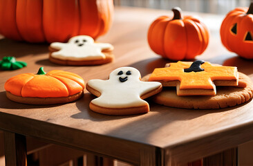Cookies in the form of cute ghosts for Halloween celebration are lying on the table, next to small pumpkins in the shape of a face Jack lantern