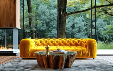 Luxurious yellow velvet sofa sits in a modern living room overlooking a lush green forest through expansive windows.
