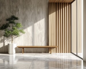 Modern minimalist interior space with a wooden bench, a potted plant, and stone and wood wall