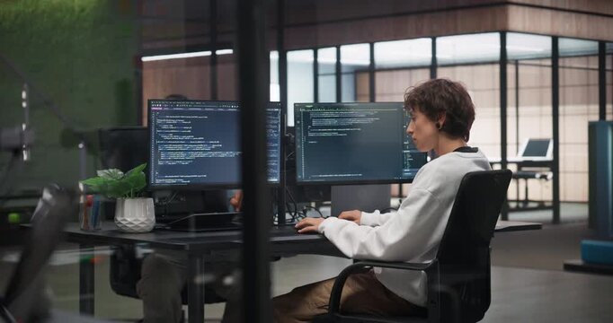 Female Digital Startup Developer Working on Computer, Writing Lines of Code on a Screen. Software Engineer Working on Innovative e-Commerce Software Using Artificial Intelligence