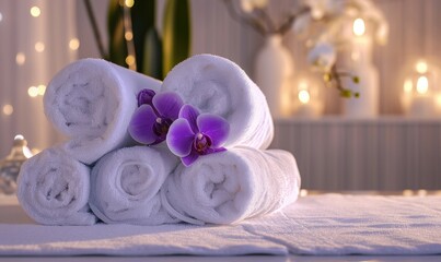 Neatly rolled white spa towels adorned with a vibrant purple orchid