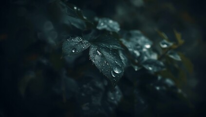 Fototapeta premium Dark moody close up of wet leaves with water droplets after rain
