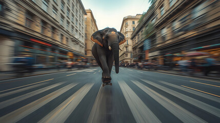 Elephant Skateboarding in City
