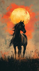 Majestic black horse silhouetted against a large, fiery sunset.