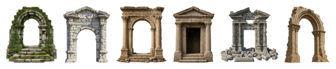 Fototapeta premium Ancient ruin elements set including weathered arches, cracked doorways, and temple fragments isolated. Historical architecture and fantasy assets.