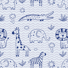 Vector seamless pattern with cartoon safari jungle animals zebra, lion, elephant, crocodile, giraffe, leopard, rhinoceros, hippopotamus. Hand draw cute animals in sketch style. Doodle style line art.