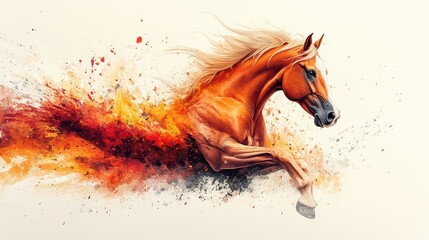 Majestic chestnut horse in motion, vibrant color splash background.