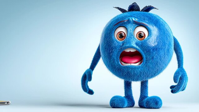 Blue cartoon character holding a yellow cell phone. The character is looking at the camera with a surprised expression