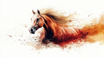 Majestic chestnut stallion running, mane flowing, watercolor splashes.