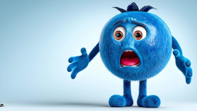 Blue cartoon character holding a yellow cell phone. The character is looking at the camera with a surprised expression