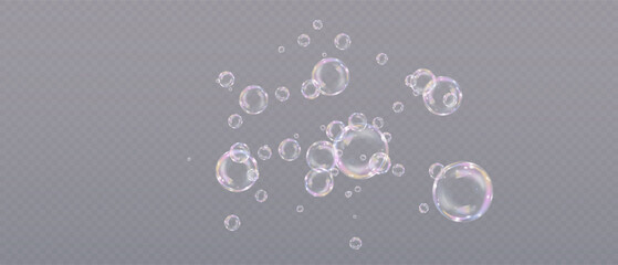 Floating iridescent soap bubbles, semitransparent spheres with rainbow reflection on transparent PNG background. Clean photo-style floating elements.