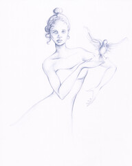 Charcoal ballerina portrait, hand drawn beauty and fashion illustration	
