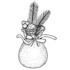 Hand drawn Christmas bag with fir branches, pine cone, berries. Vector illustration.