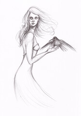 Charcoal woman portrait holding a crow, hand drawn beauty and fashion illustration	
