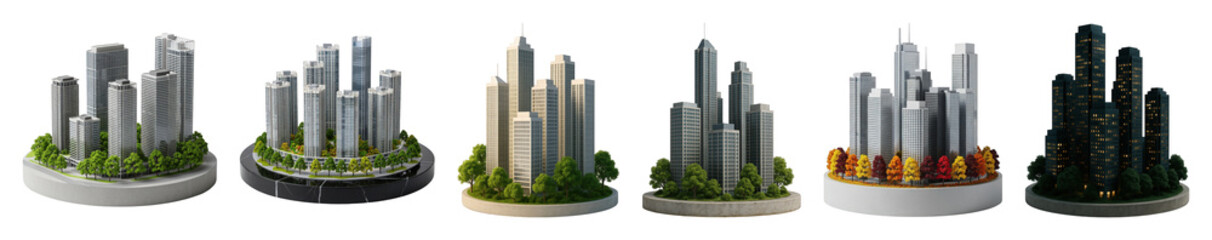 Fototapeta premium Modern cityscape set including various skyscrapers, day and night scenes, and green or autumn trees isolated. Urban planning and architecture concepts.