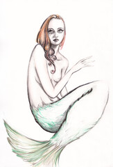 Charcoal mermaid woman portrait, hand drawn beauty and fashion illustration	
