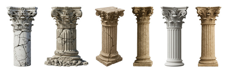 Obraz premium Ancient column set including classical, Corinthian, Ionic, weathered, and new styles isolated. Architectural and historical elements collection.