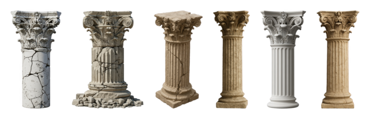 Ancient column set including classical, Corinthian, Ionic, weathered, and new styles isolated. Architectural and historical elements collection.