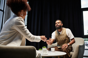 Engaging dialogue during a job interview in a modern office setting