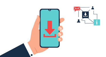 Mobile phone showing a download icon in a hand with network connectivity and information icons in the background illustrating app updates and data transfer processes