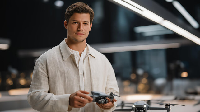 a futuristic military tech lab with metallic benches bright lighting on a young technician in a tailored outfit calibrating a drone confident pose as he adjusts detailed texture