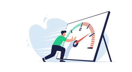 Man pushing a speedometer gauging performance and productivity levels with determination