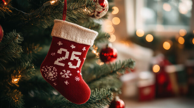 knitted christmas advent calendar with number 25 hanging on decorated christmas tree festive handmade ornament holiday tradition cozy seasonal decoration