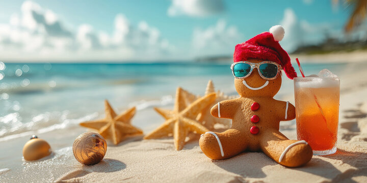 Festive gingerbread character lounging on sandy beach, sporting sunglasses, Santa hat, sipping tropical cocktail near holiday ornaments