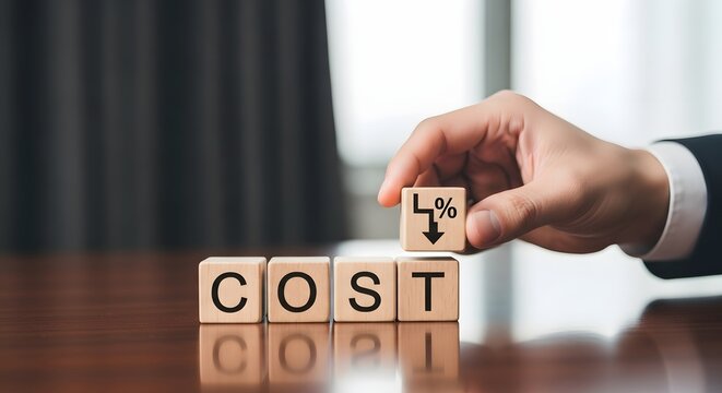 Businessman places cube with down arrow and percentage symbol on word cost