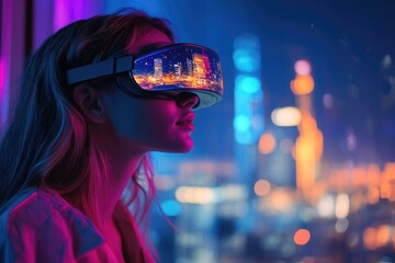 Woman wearing VR headset, experiencing a vibrant virtual cityscape at night.