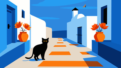 Black cat in a greek street illustration