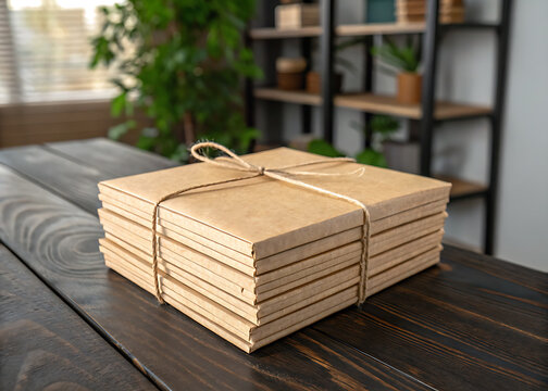 Stack of books wrapped in kraft paper tied with twine on a wooden table - Powered by Adobe
