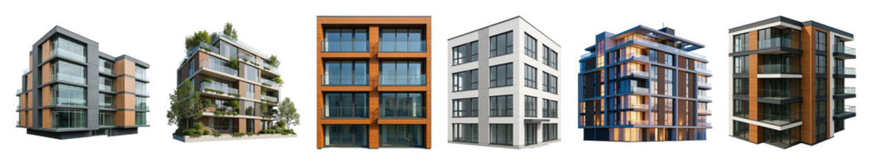 Fototapeta premium Modern residential building set including various apartment blocks with wood, glass, and concrete facades isolated. Urban architecture and real estate concepts.