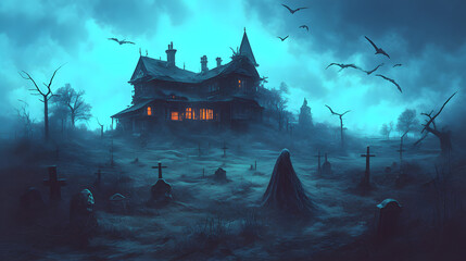 Obraz premium Spooky haunted house on hill foggy graveyard