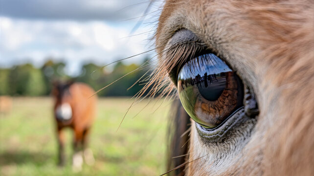 A close up shot of a horse's eye with reflections of the sky and trees, with another horse in background - Powered by Adobe
