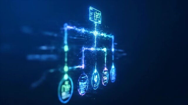 Futuristic workflow diagram holographic digital interface with glowing blue neon lines, technology automation, abstract data flow, innovation loop structure, modern network, virtual display
