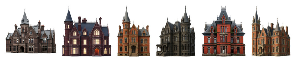 Gothic Victorian mansion set including historic red brick and stone buildings isolated. Architectural elements and spooky themes.
