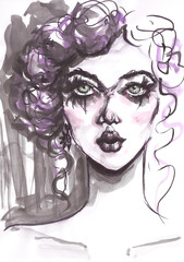 Watercolor woman portrait, hand drawn beauty and fashion illustration