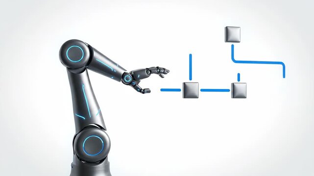 Robotic arm automation workflow process chart technology futuristic artificial intelligence innovation digital efficiency blue metal connection industry machine modern system network control advanced