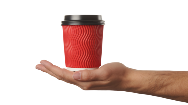 Hand presenting vibrant red takeaway coffee cup for your enjoyment