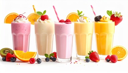 colorful smoothies in tall glasses with fruit toppings on white surface, vibrant and fresh.