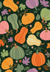 Autumn harvest pumpkins gourds and fall leaves pattern design