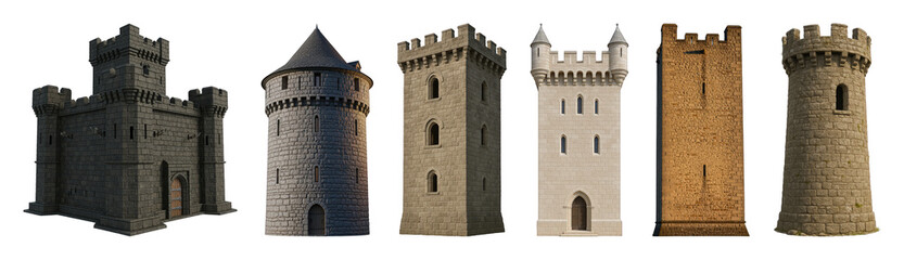 Obraz premium Castle towers set including various stone, round, square, and medieval designs isolated. Fantasy architecture collection.