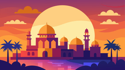Mosque silhouette with sunset background