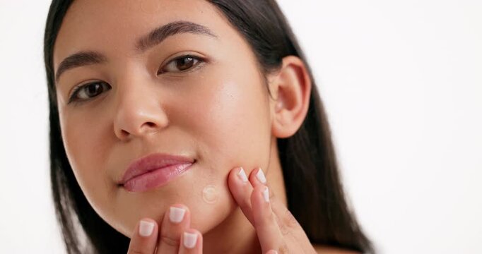 Face, woman and check patch for skincare in studio of pimple breakout, acne treatment and healing. Portrait, person and cosmetics for mockup space, dermatology and blemish control on white background