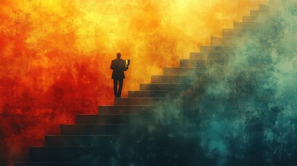 Man ascends stairs amidst fiery and smoky backdrop.